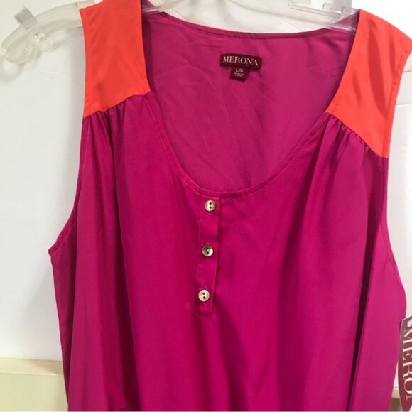 MERONA NEW Sleeveless A-Line Color Block Dress Dress Elastic Waist Crew Button L - Picture 6 of 16